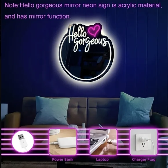 Hello Gorgeous Mirror Pink & White Neon Wall Sign - Home Wall Decor - Picture 7 of 8